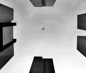 Preview wallpaper plane, buildings, bottom view, black and white, bw