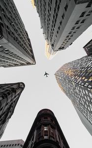 Preview wallpaper plane, buildings, city, bottom view
