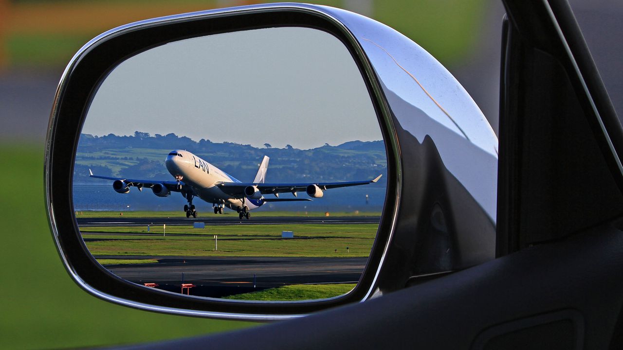 Wallpaper plane, car, mirror, reflection