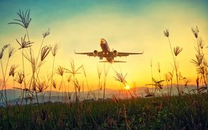 Preview wallpaper plane, grass, takeoff, sky, sunset, dawn