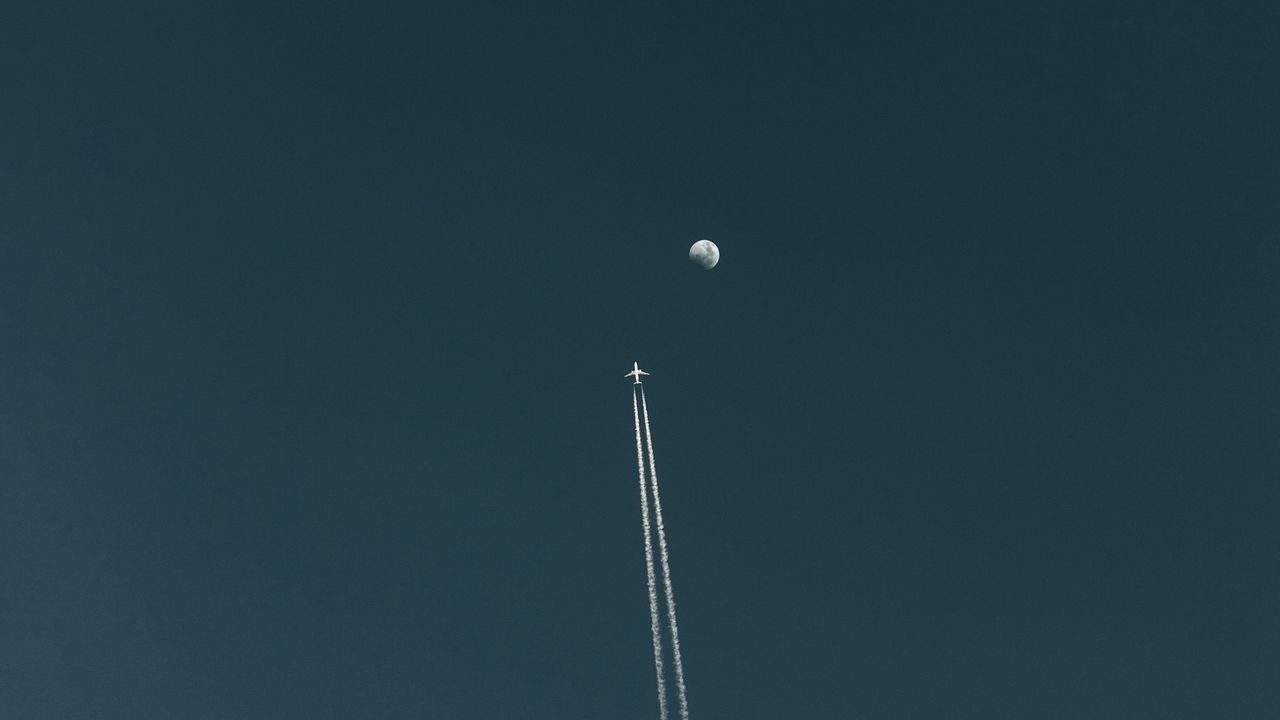 Wallpaper plane, moon, sky, minimalism, flight, trace