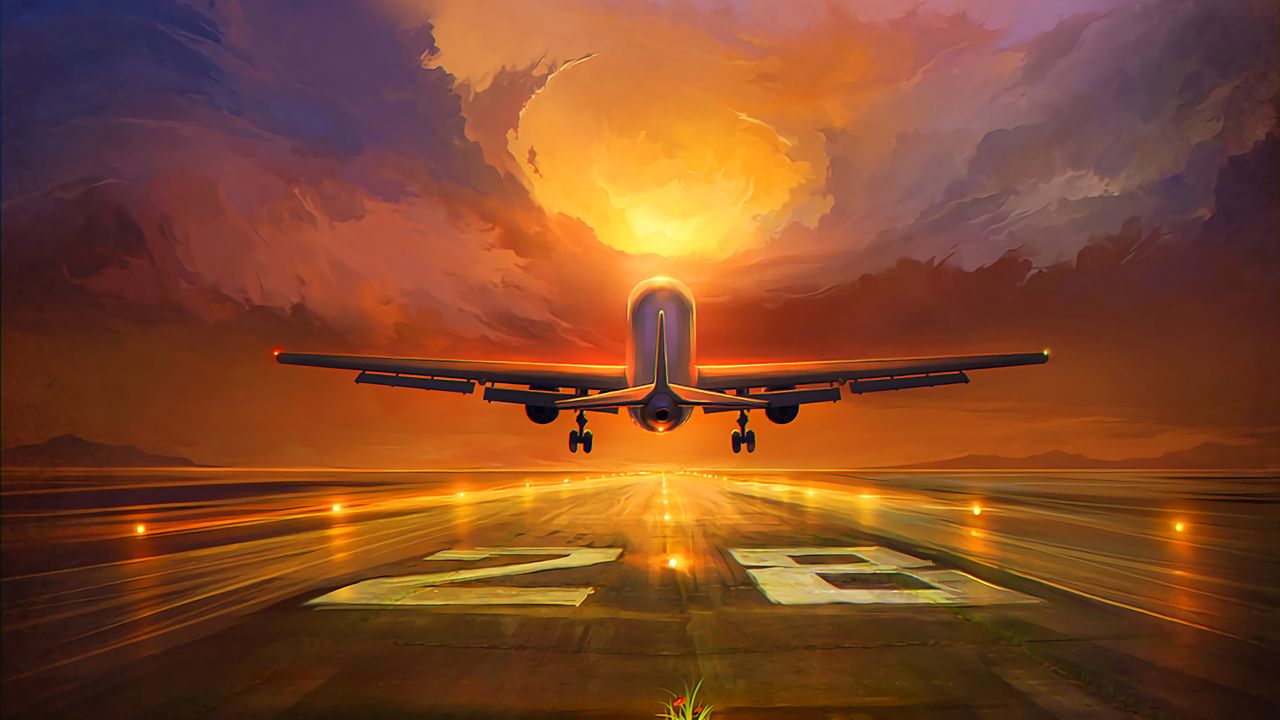 Wallpaper plane, runway, art, sunset, sky