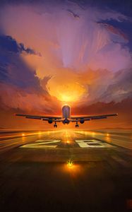 Preview wallpaper plane, runway, art, sunset, sky