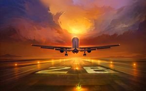 Preview wallpaper plane, runway, art, sunset, sky