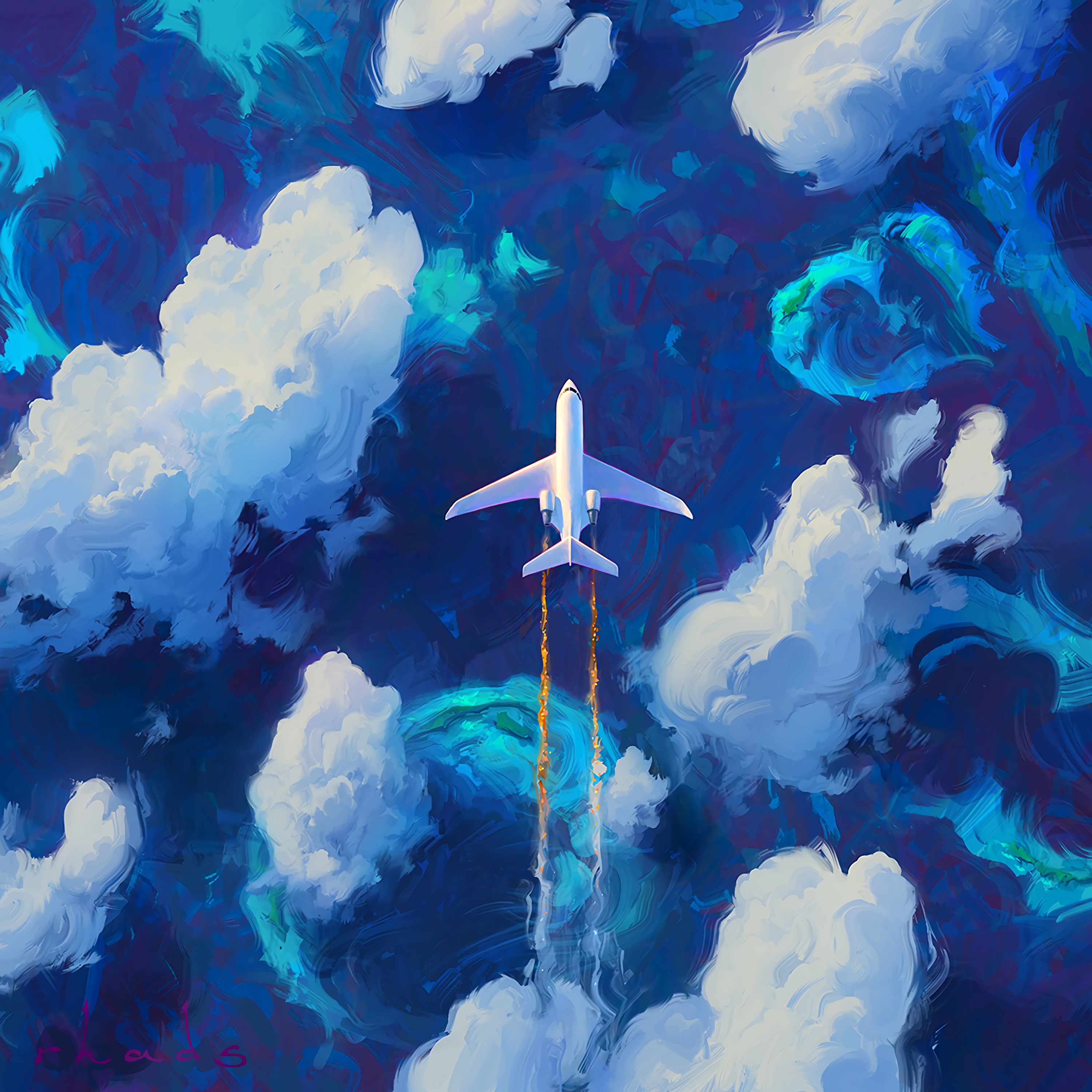 Download wallpaper 3000x3000 plane, sky, art, flight, clouds hd background