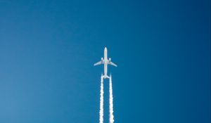 Preview wallpaper plane, sky, flight, traces, minimalism, blue