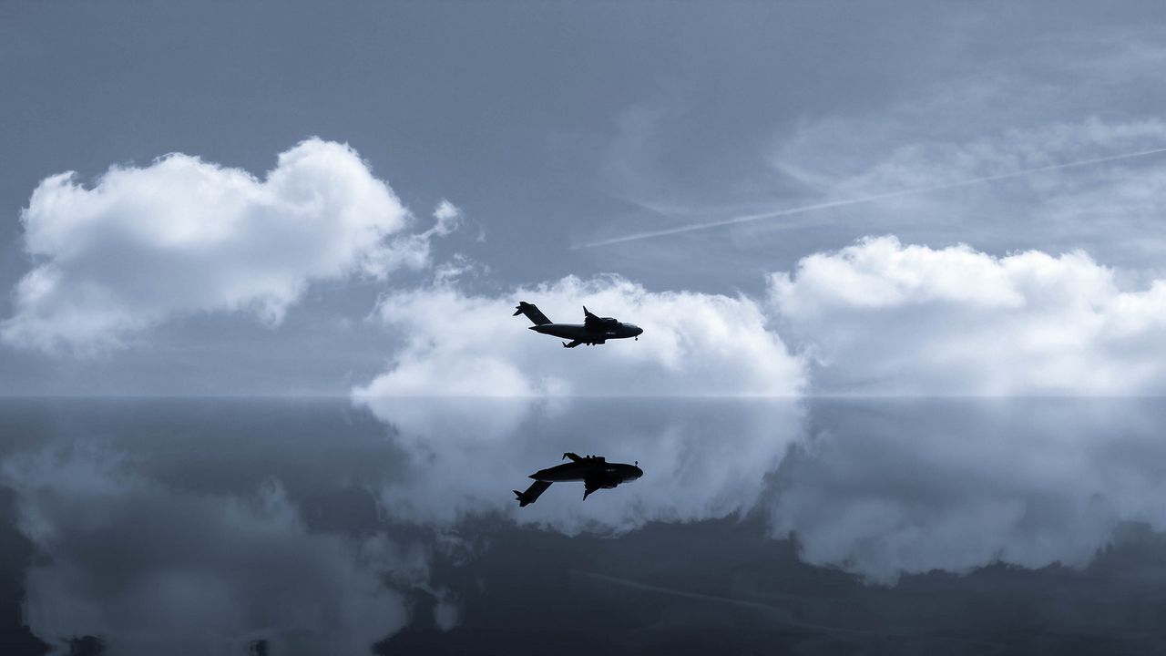 Wallpaper plane, sky, reflection, clouds, flight, mirror