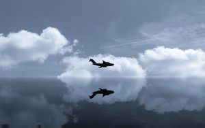 Preview wallpaper plane, sky, reflection, clouds, flight, mirror