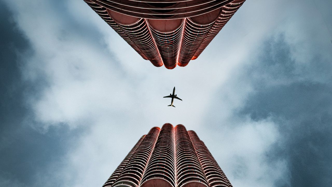 Wallpaper plane, skyscrapers, bottom view, sky, architecture