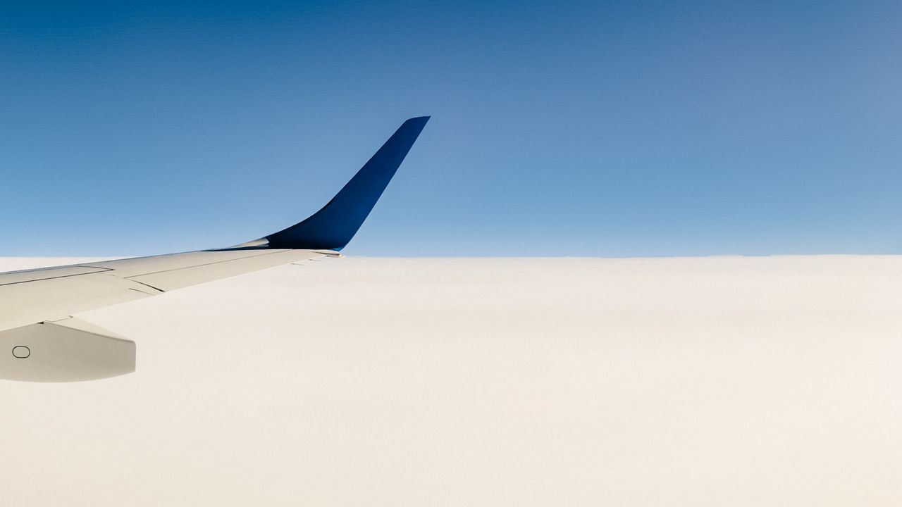 Wallpaper plane, wing, sky, minimalism, blue, white