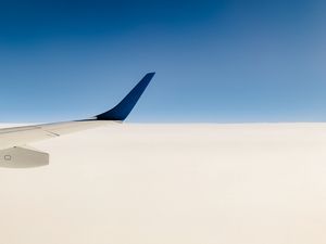 Preview wallpaper plane, wing, sky, minimalism, blue, white