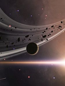 Preview wallpaper planet, asteroids, flash, space, stars