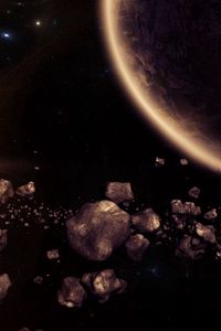 Preview wallpaper planet, asteroids, glow, space, 3d