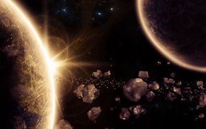 Preview wallpaper planet, asteroids, glow, space, 3d