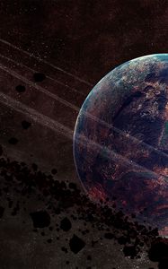 Preview wallpaper planet, asteroids, rings, stars, space