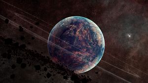 Preview wallpaper planet, asteroids, rings, stars, space