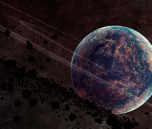 Preview wallpaper planet, asteroids, rings, stars, space