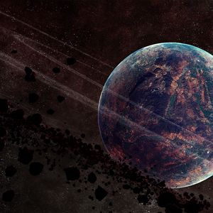 Preview wallpaper planet, asteroids, rings, stars, space