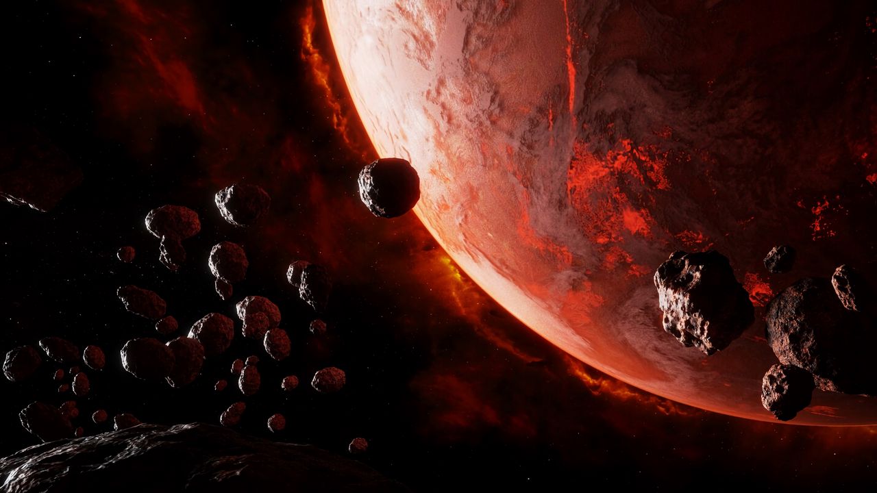 Wallpaper planet, asteroids, space, glow, dark