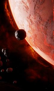 Preview wallpaper planet, asteroids, space, glow, dark