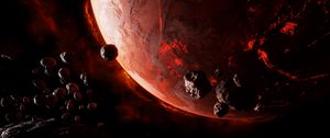 Preview wallpaper planet, asteroids, space, glow, dark