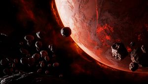 Preview wallpaper planet, asteroids, space, glow, dark