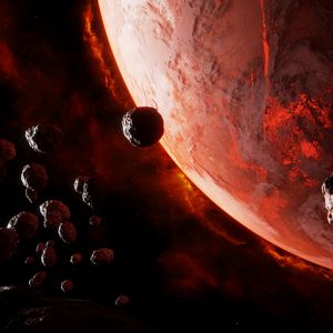 Preview wallpaper planet, asteroids, space, glow, dark