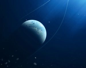 Preview wallpaper planet, asteroids, stars, light, space