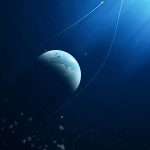 Preview wallpaper planet, asteroids, stars, light, space