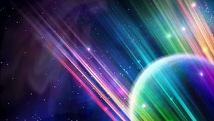 Preview wallpaper planet, ball, light, rays, lines, rainbow