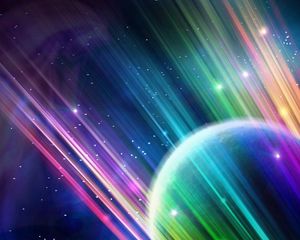 Preview wallpaper planet, ball, light, rays, lines, rainbow