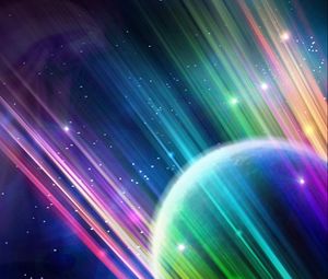Preview wallpaper planet, ball, light, rays, lines, rainbow