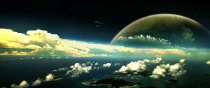 Preview wallpaper planet, clouds, sky, islands, water