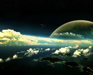 Preview wallpaper planet, clouds, sky, islands, water