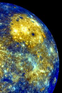 Preview wallpaper planet, craters, space, blue, yellow