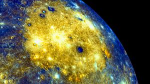 Preview wallpaper planet, craters, space, blue, yellow