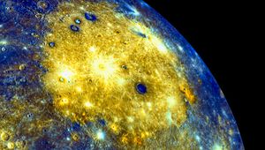 Preview wallpaper planet, craters, space, blue, yellow