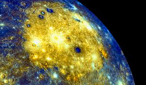 Preview wallpaper planet, craters, space, blue, yellow