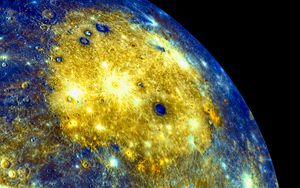 Preview wallpaper planet, craters, space, blue, yellow