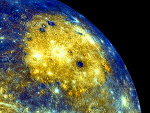 Preview wallpaper planet, craters, space, blue, yellow