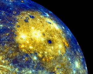 Preview wallpaper planet, craters, space, blue, yellow