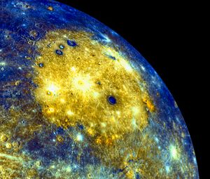 Preview wallpaper planet, craters, space, blue, yellow