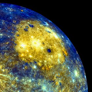 Preview wallpaper planet, craters, space, blue, yellow