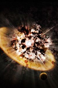 Preview wallpaper planet, explosion, flash, fragments, space