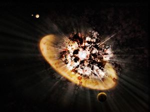 Preview wallpaper planet, explosion, flash, fragments, space