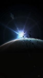 Preview wallpaper planet, flash, asteroids, space, dark, glare