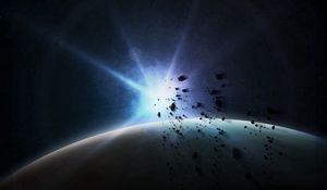 Preview wallpaper planet, flash, asteroids, space, dark, glare