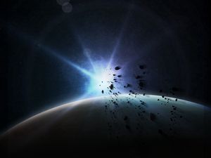 Preview wallpaper planet, flash, asteroids, space, dark, glare