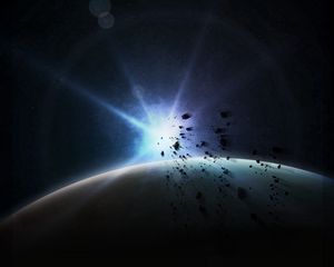 Preview wallpaper planet, flash, asteroids, space, dark, glare