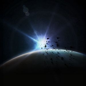 Preview wallpaper planet, flash, asteroids, space, dark, glare